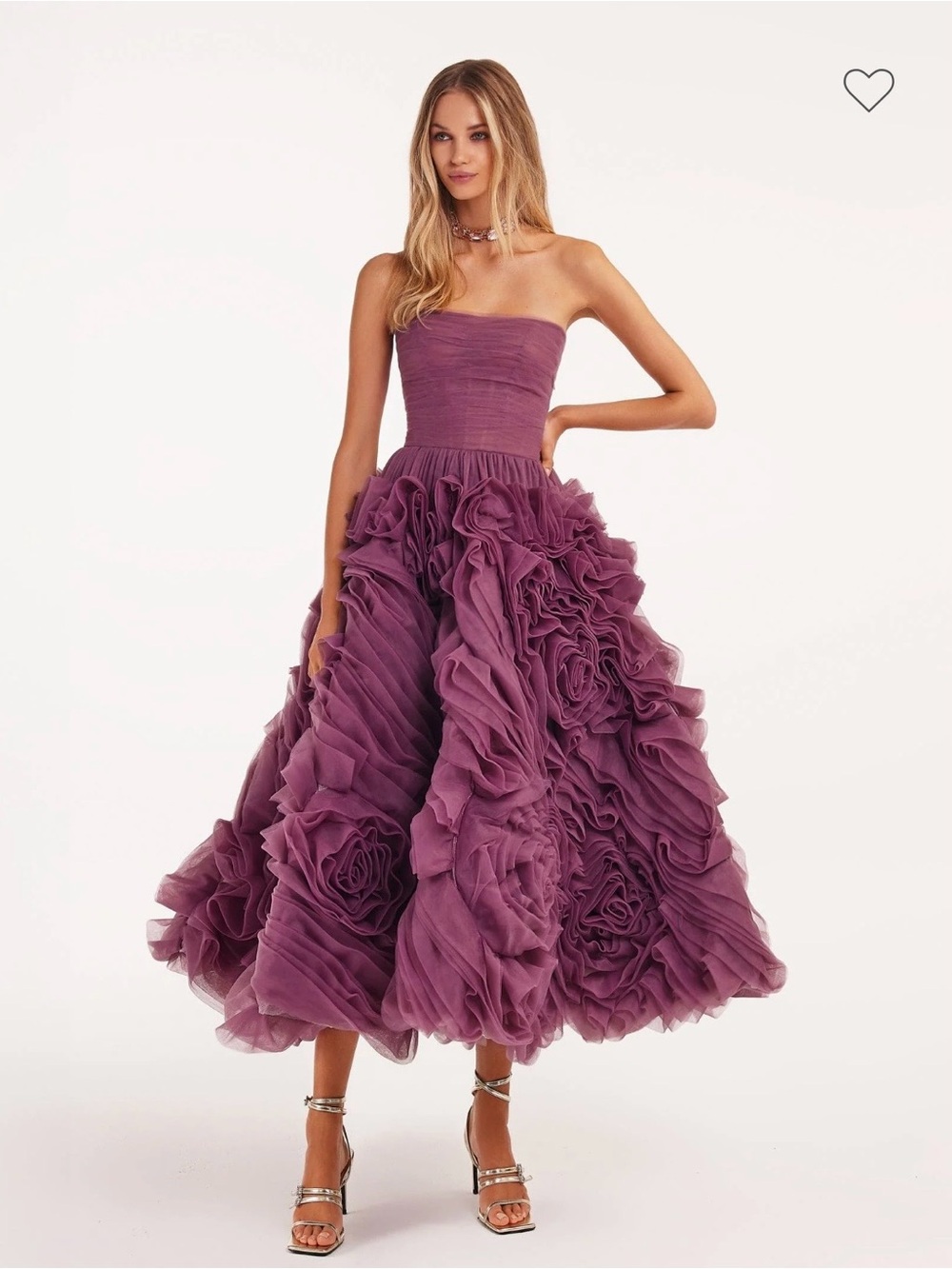 MillaNova Strapless Rose-Embellished Plum Tea-Length Gown